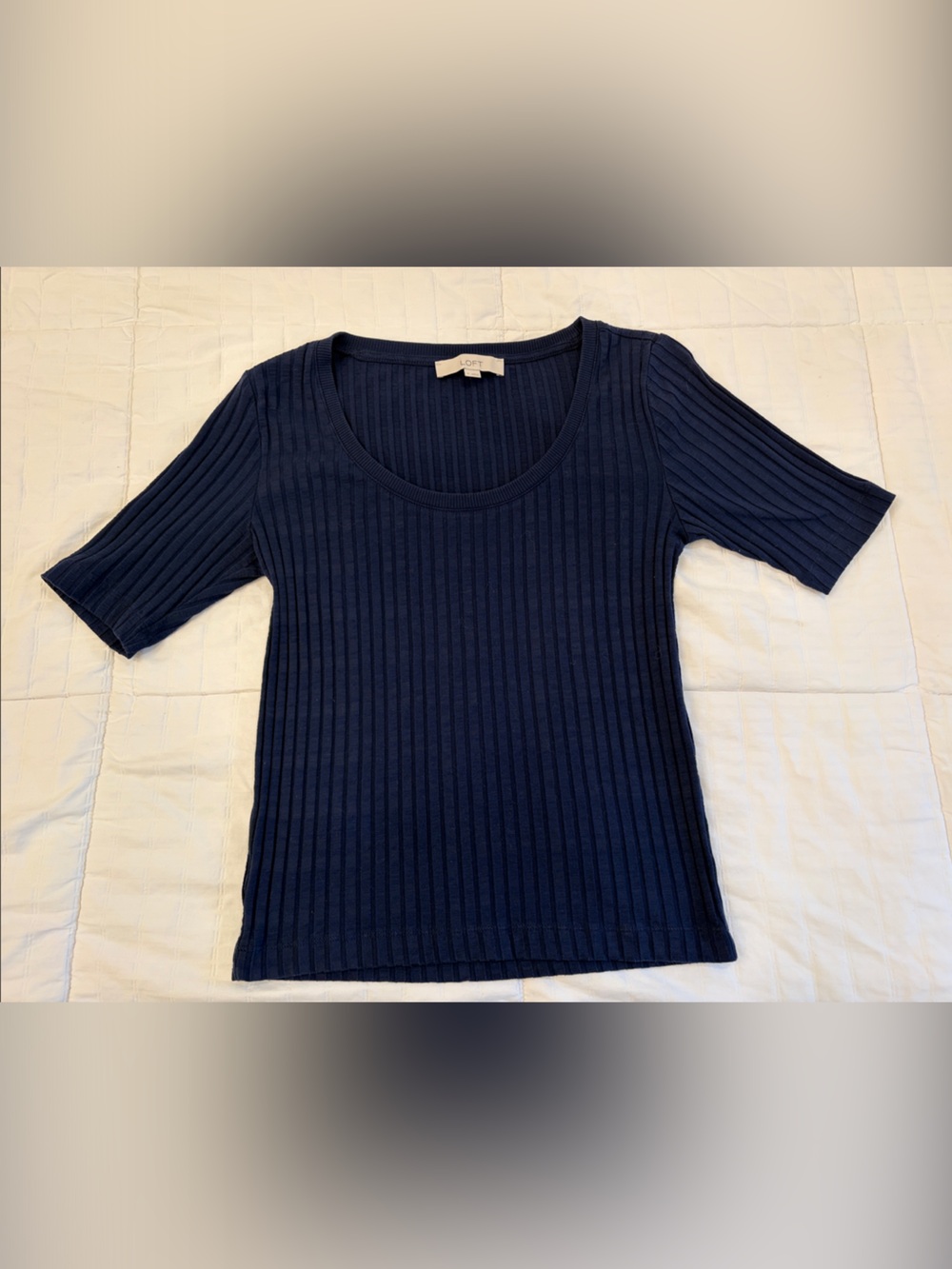 LOFT Navy Ribbed Scoop-Neck Short Sleeve Top